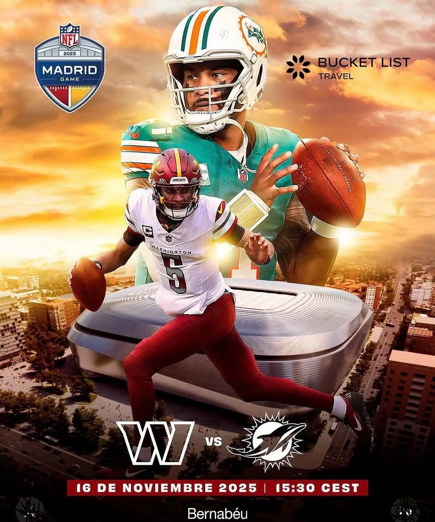 Den 14.e november åker vi till Madrid för att se NFL Fotboll på mäktiga Santiago Bernabeu. En weekendresa i samarbete med @nflpodden ! Vi ser Miami Dolphins mot Washington Commanders . Boka din plats på hemsidan! 🏈