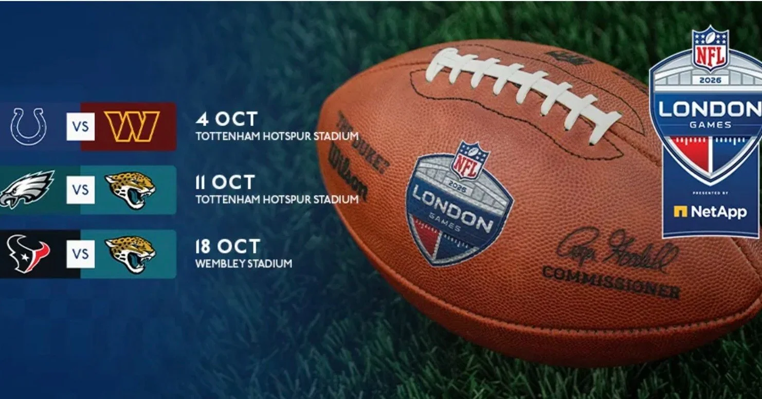 🏈 NFL International games i London.

&Aring;rets tre avg&aring;ngar till London &auml;r nu klara. Som vanligt i samarbete med NFL-podden. 

2-5 oktober. Washington Commanders mot Indianpolis Colts. Tottenham Stadium.
9-12 oktober. Jacksonville Jagua