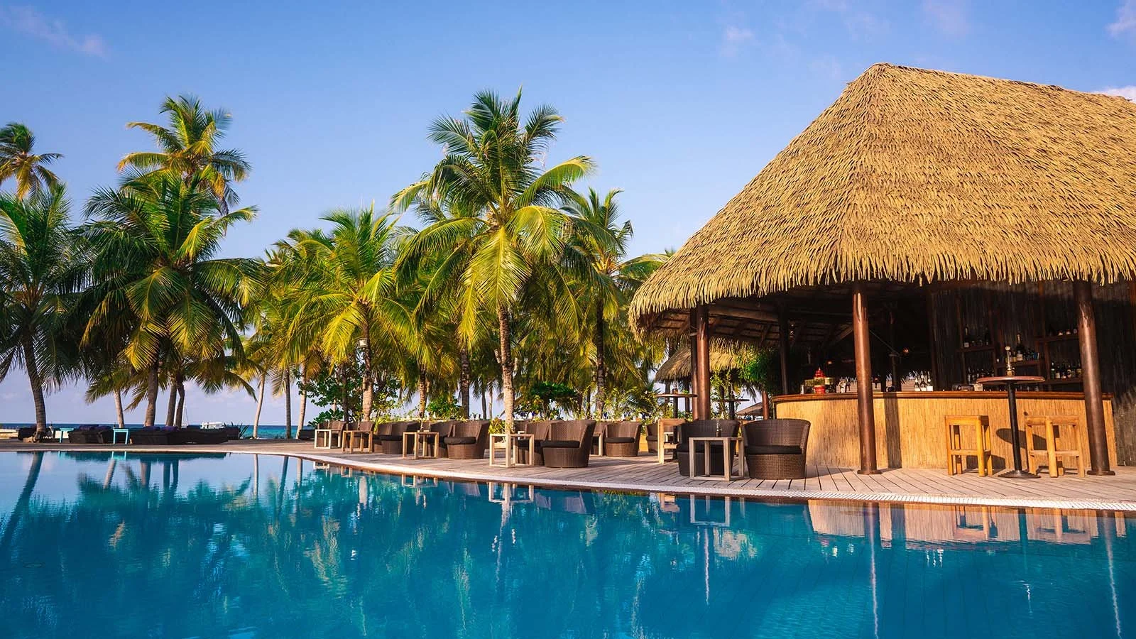 Tropisk strandresort med palmer, en pool och en bar med halmtak.