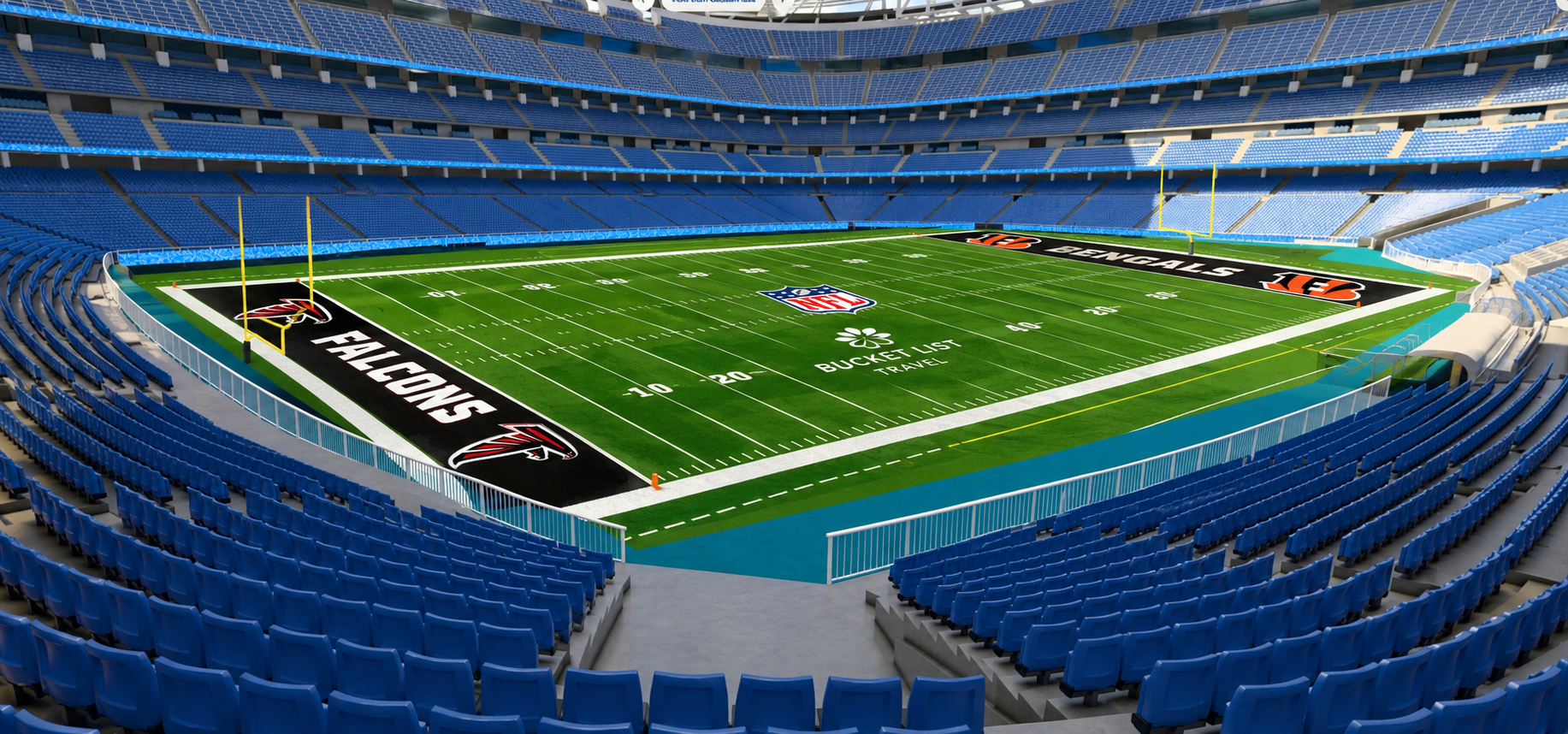 Fotografi av en NFL fotbollsplan i en tom stadium, med Atlanta Falcons och Cincinnati Bengals logotyper, och reklam för Bucklist Travel.