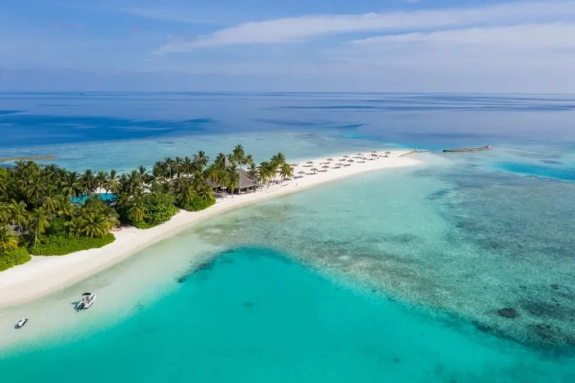 Tropisk ö med vit sandstrand och turkost hav, täckt av palmer och solstolar vid strandkanten, sett från luften.