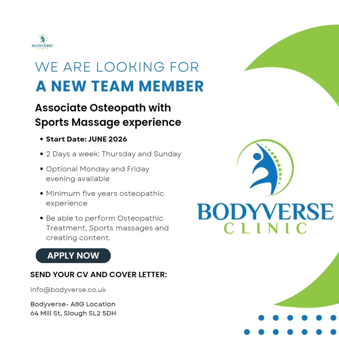 🚨 WE ARE HIRING 🚨
Associate Osteopath with Sports Massage Experience Wanted
📍 Slough | Activ8 Gym

Bodyverse Clinic is growing and we&rsquo;re looking for an experienced Osteopath to join our team!

We&rsquo;re a fast-growing clinic known for deli