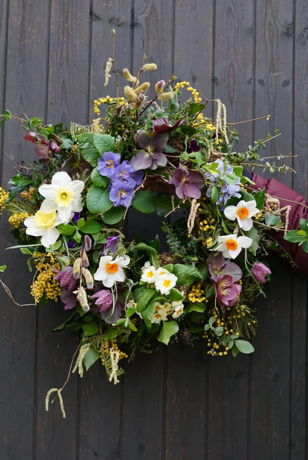 moss based seasonal spring living wreath of primrose, mimosa, hellebore and spring foliage