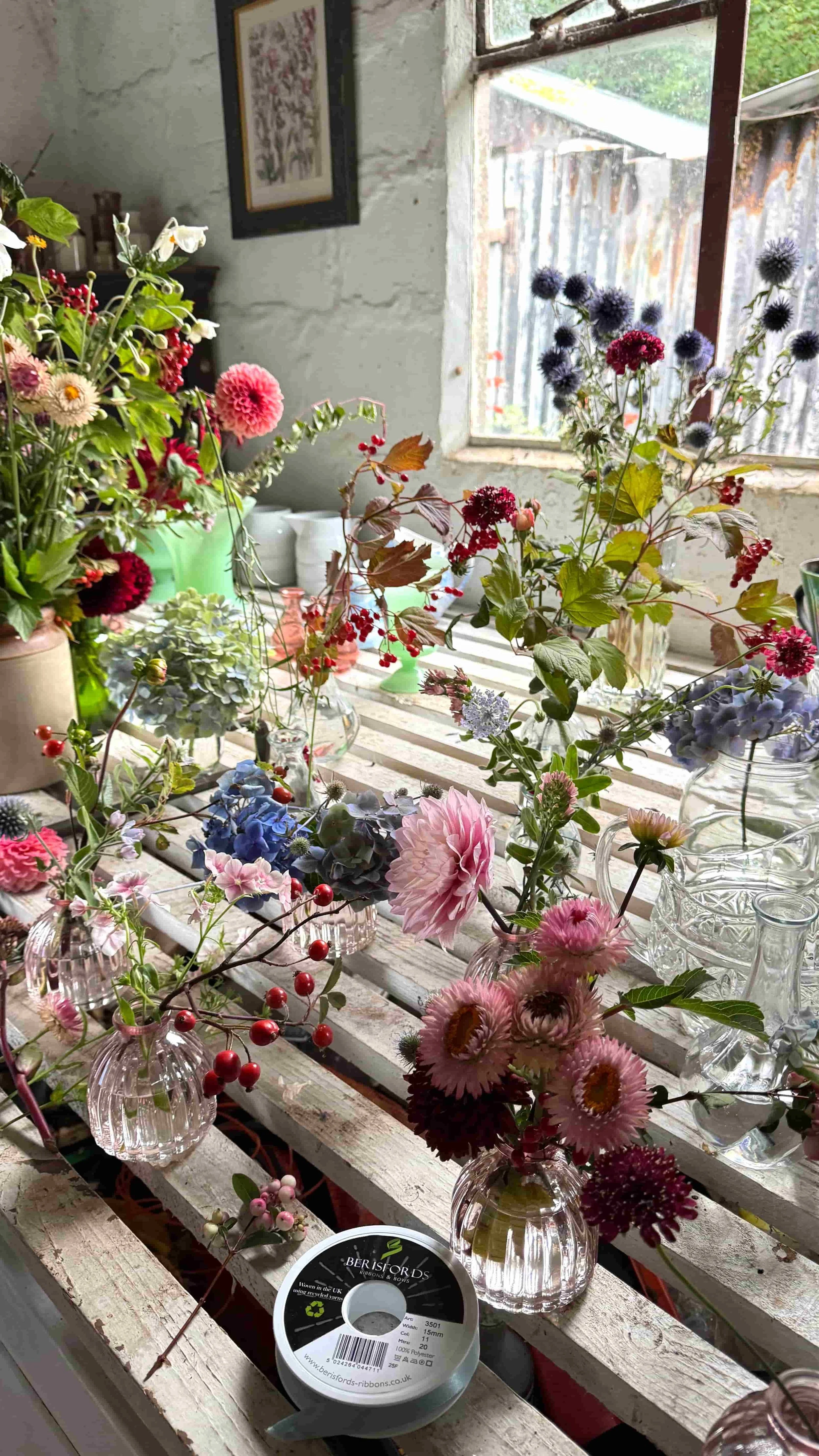 Seasonal locally grown flowers in flower farm workshop