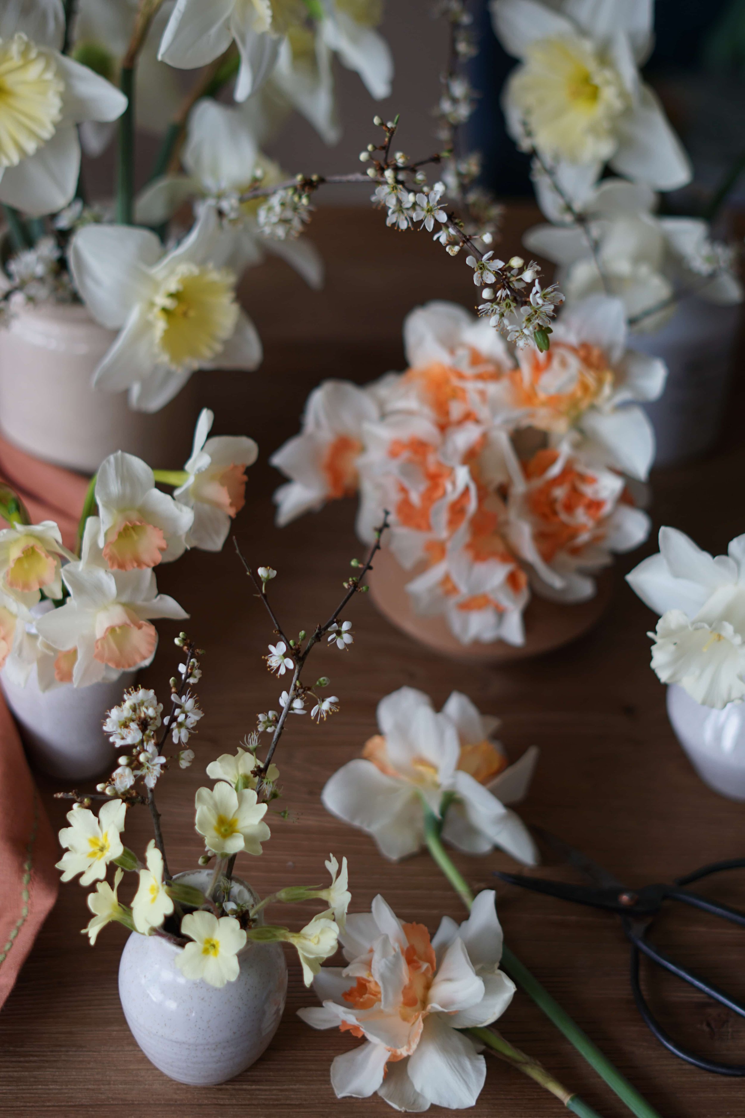 devon florist workbench of spring flowers behind the scenes