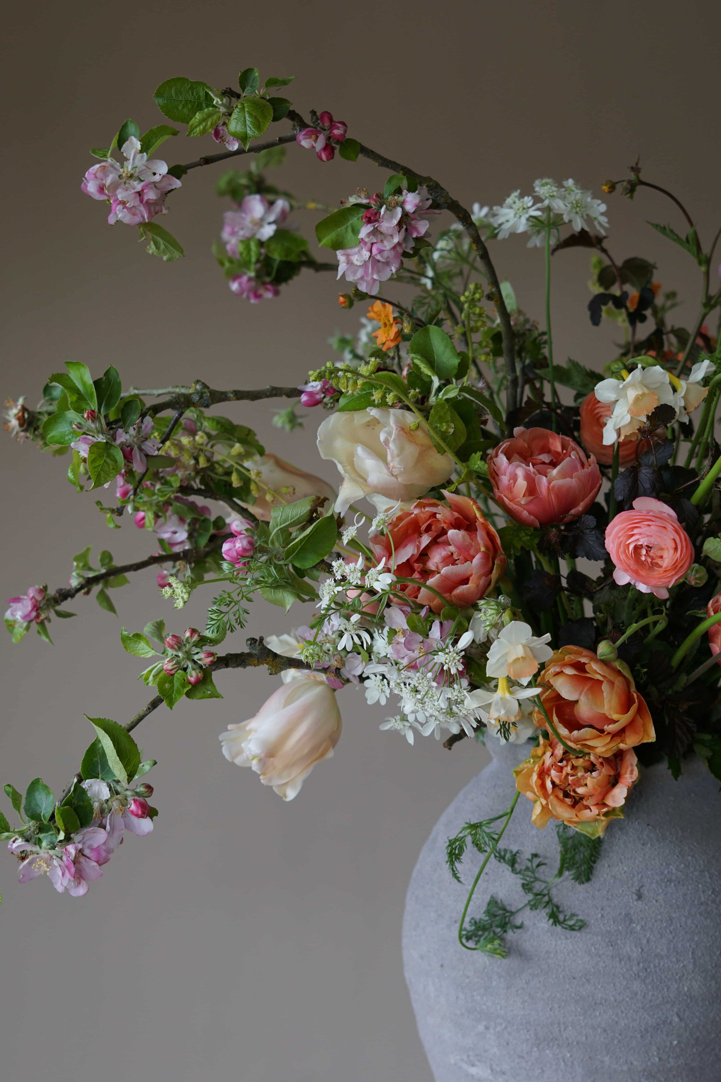 large vase of spring British grown flowers by Devon florist in Ilfracombe studio