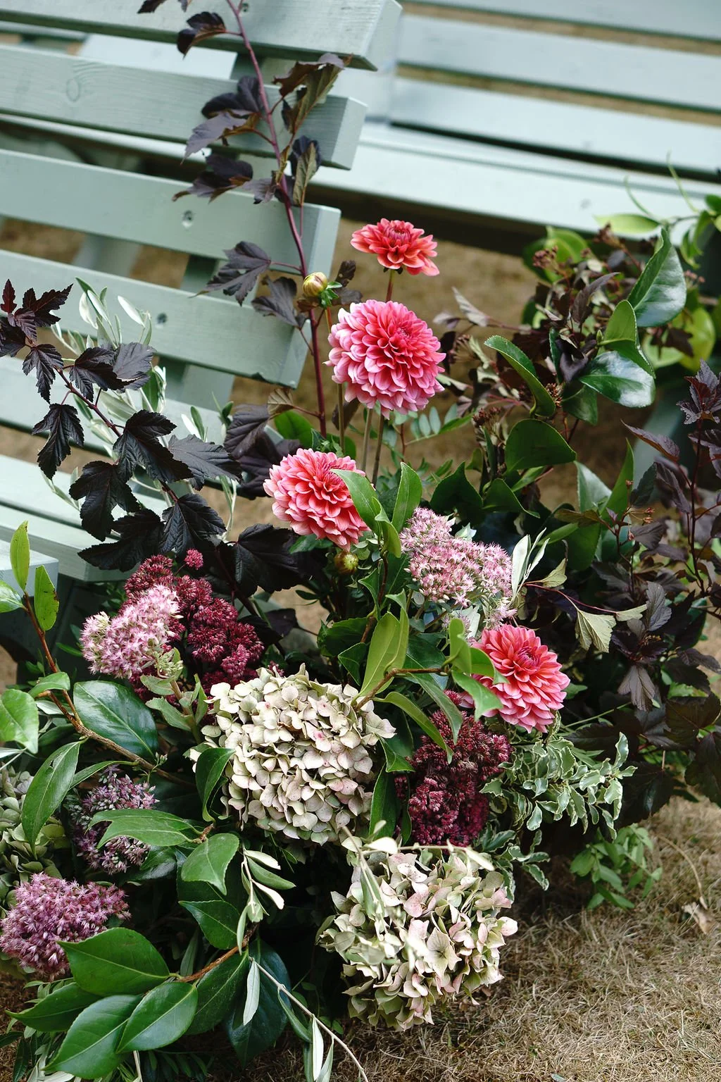 dahlia, hydrangea and sedum late summer British wedding flowers