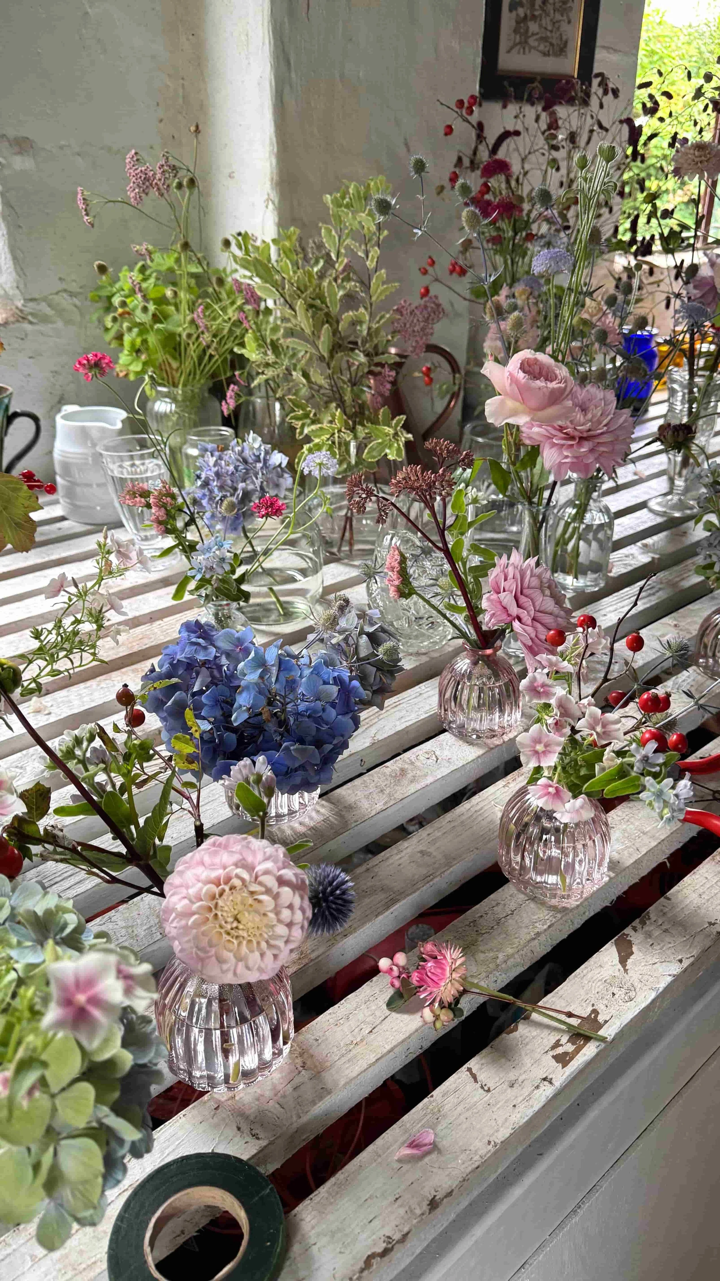 Devon flower farmer showing locally grown flowers in studio for weddings