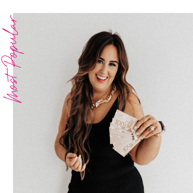 Lou Clarke - Most Popular Options, Lou wearing a black dress fanning our money