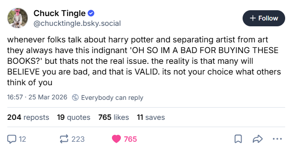 A BlueSky post by Chuck Tingle. Squarespace doesn't give enough space to type out text in image alt text. Thread is linked in the caption.