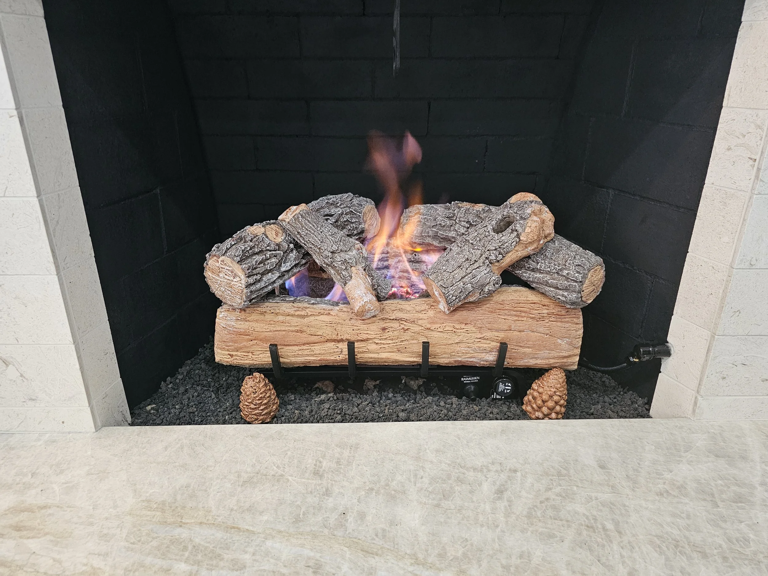 Wood-burning fireplace with logs and pinecones, lit with a visible flame.