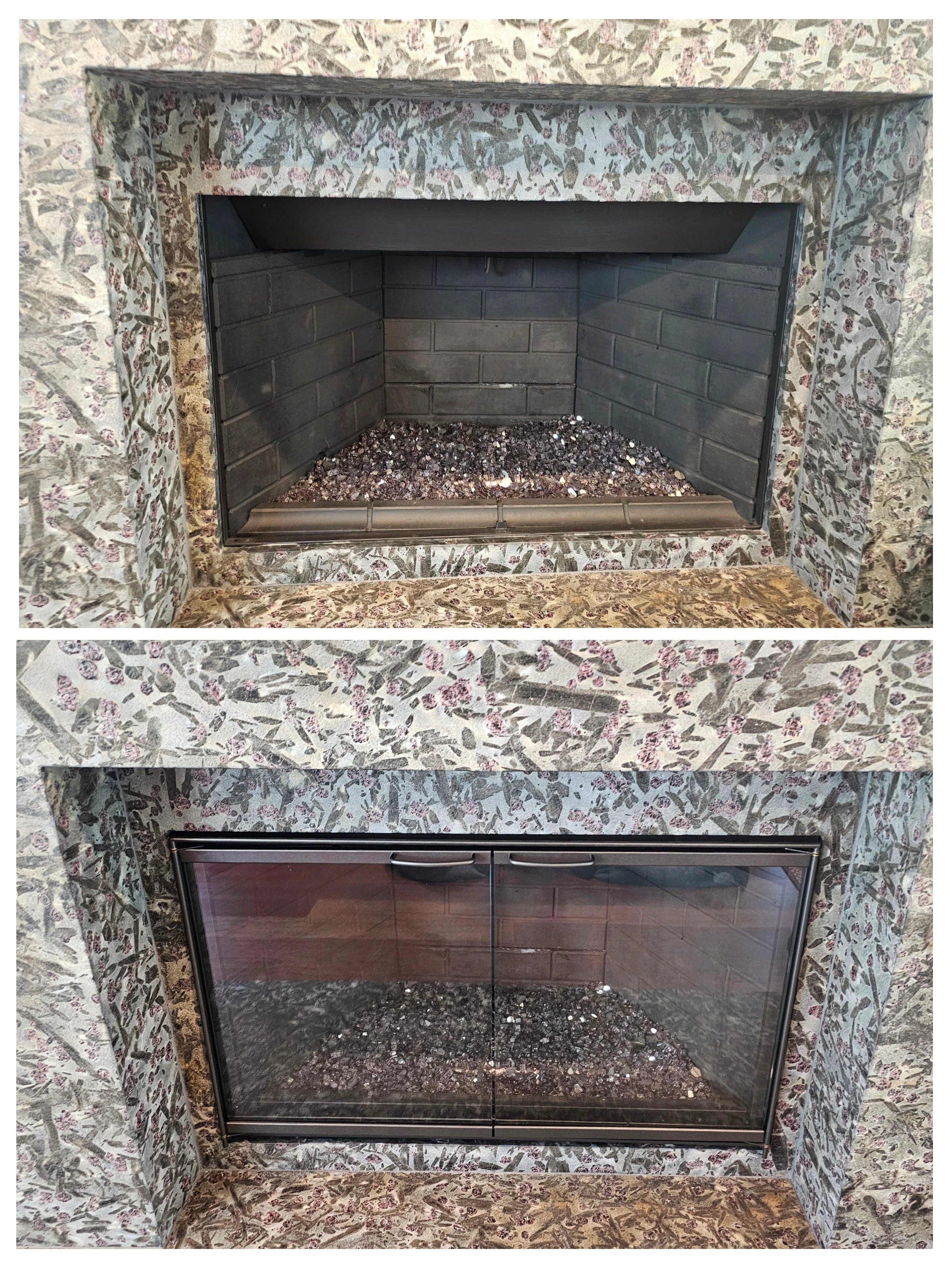 Comparison of a fireplace with a traditional smoke-venting design above and a modern glass-fronted airtight design below.