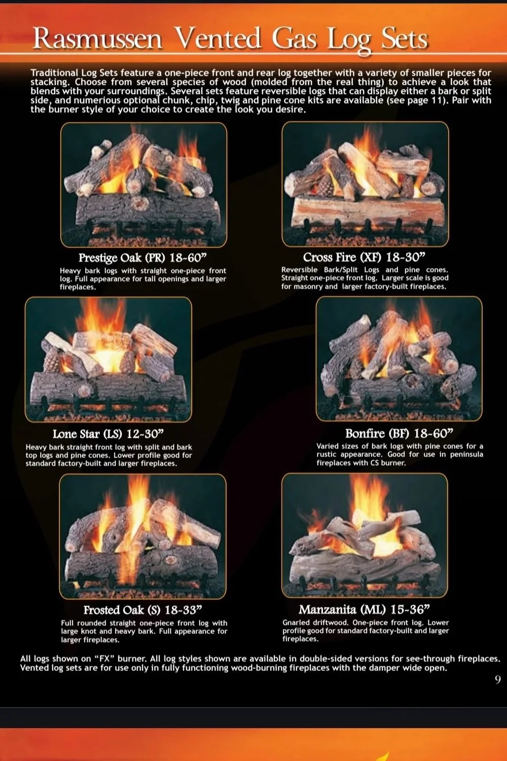 A promotional chart for Rasmussen Vented Gas Log Sets displaying six different styles: Prestige Oak, Cross Fire, Lone Star, Bonfire, Frosted Oak, and Manzanita. Each style is shown with a photograph of fire burning logs and a brief description of its features and suitable fireplace types.