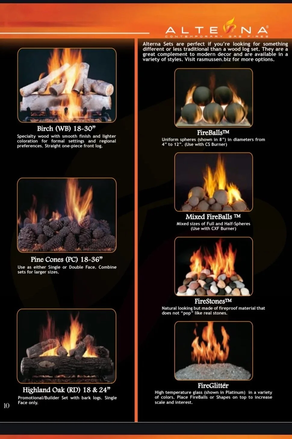 Catalog of outdoor fire features including birch logs, pine cones, Highland Oak logs, various sizes and styles of fireballs, fire stones, and a fire glitter with flames.