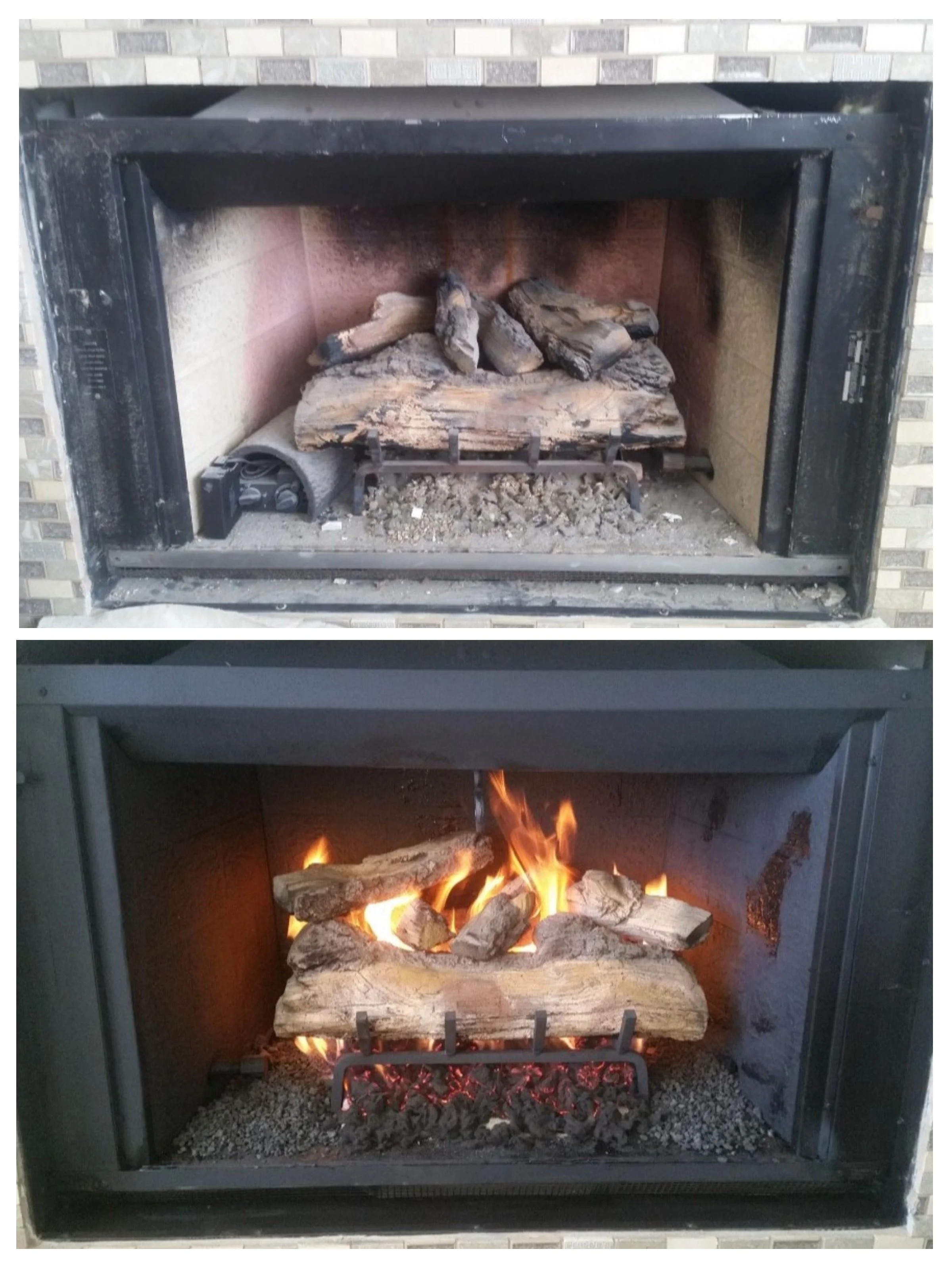 Comparison of a fireplace before and after lighting a fire. The top image shows an unlit fireplace with logs stacked inside, while the bottom image shows the same fireplace with refurbish and cleaned gas logs