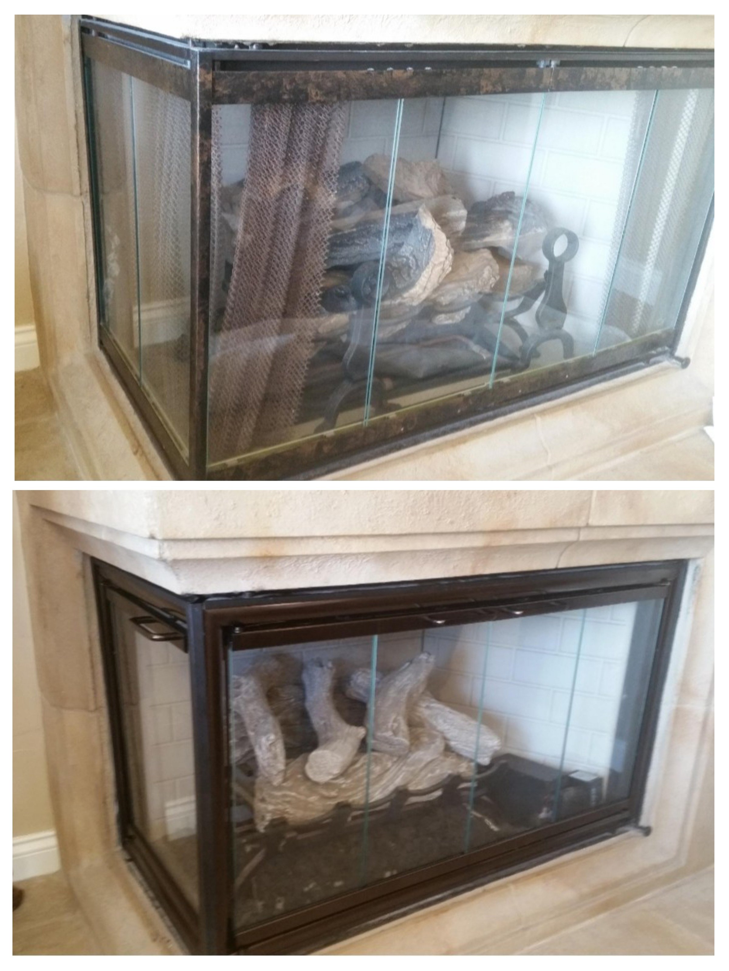 A before and after comparison of a fireplace with a glass enclosure, showing rocks inside. The top image shows an older, rusty fireplace enclosure with a pile of rocks. The bottom image shows a cleaned and polished fireplace enclosure with neatly arr