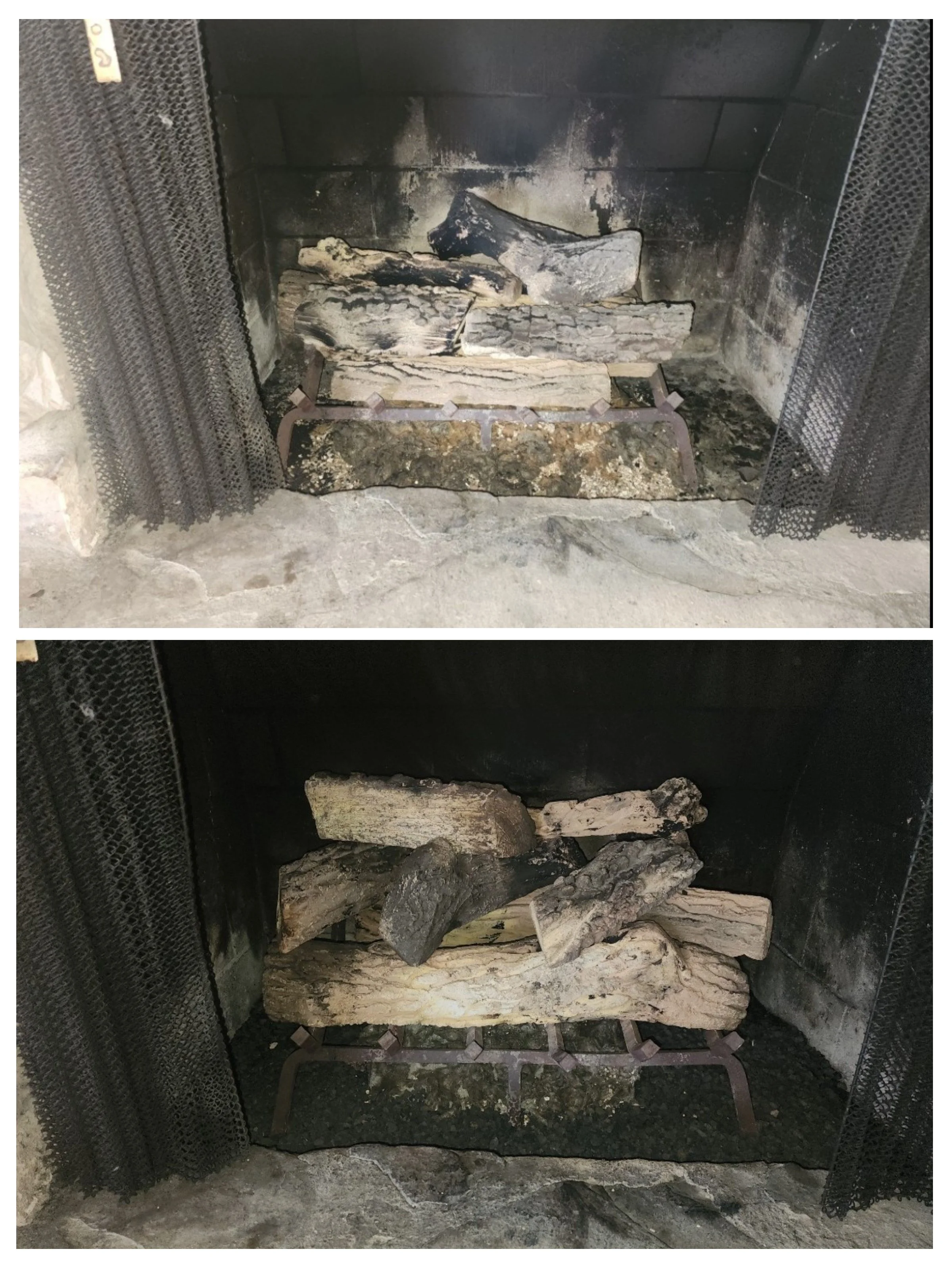 Photos of a fireplace showing the before and after of a fire. The top photo shows a fireplace with burnt logs and soot, while the bottom photo shows cleaned logs and a soot-free interior.