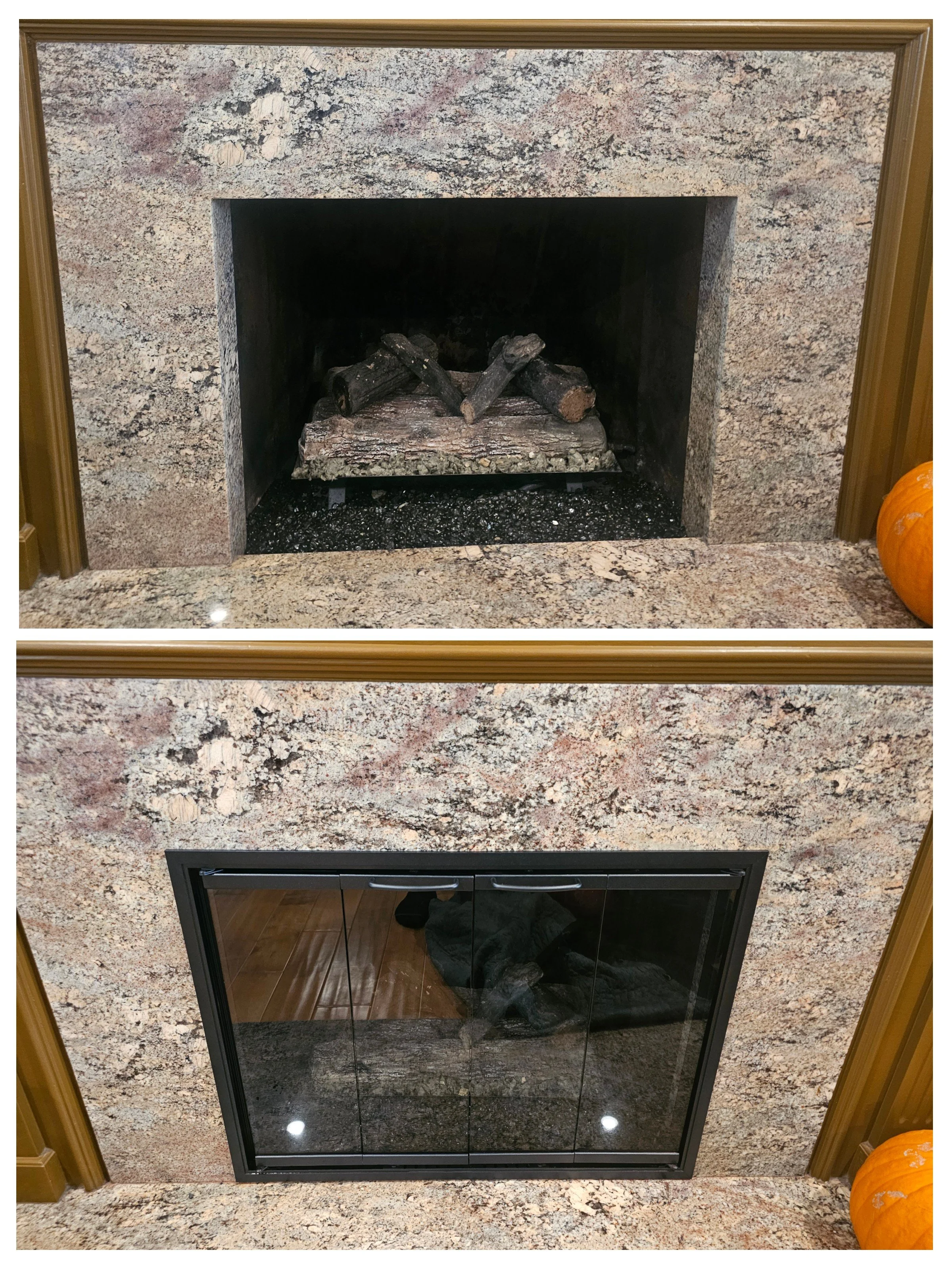 Comparison of a fireplace before and after installation of a glass door, with the top image showing an open fireplace with logs and the bottom image showing a closed glass door.