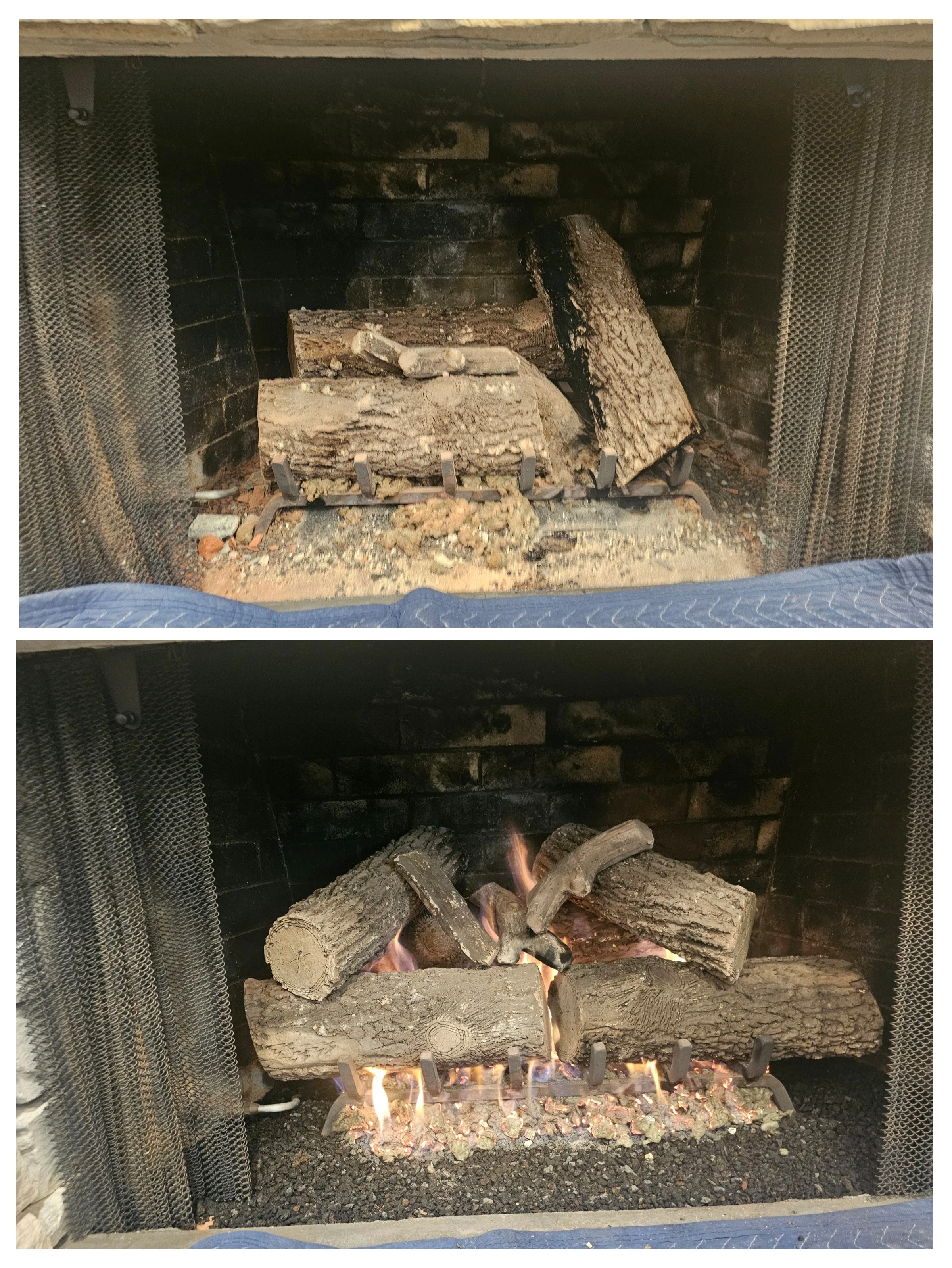 A fireplace, before and after a fire is lit. The top image shows the fireplace with unburned logs, and the bottom shows the logs burning with flames.