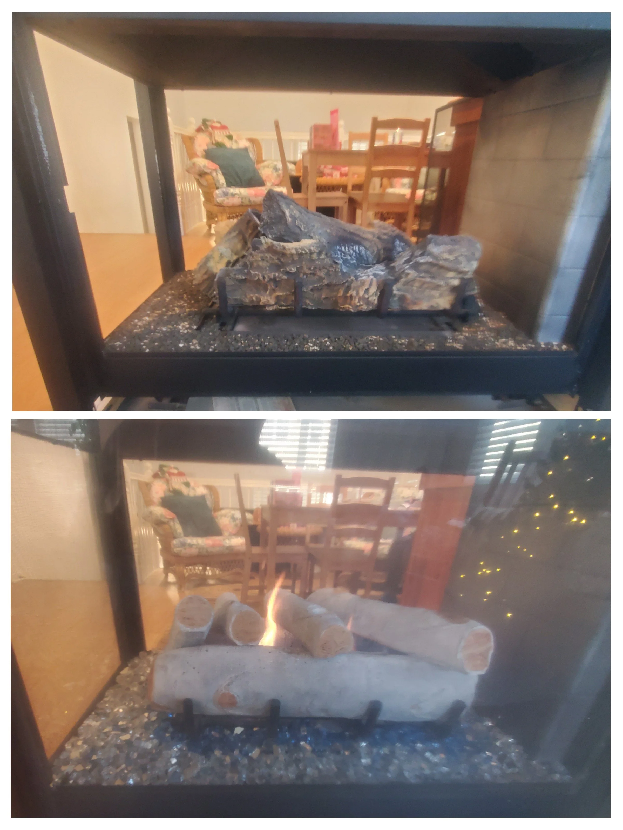 Two images of a fireplace with decorative logs, one showing unlit logs and the other showing logs with simulated fire. Background includes a dining table and chairs, a floral armchair, and holiday decorations.