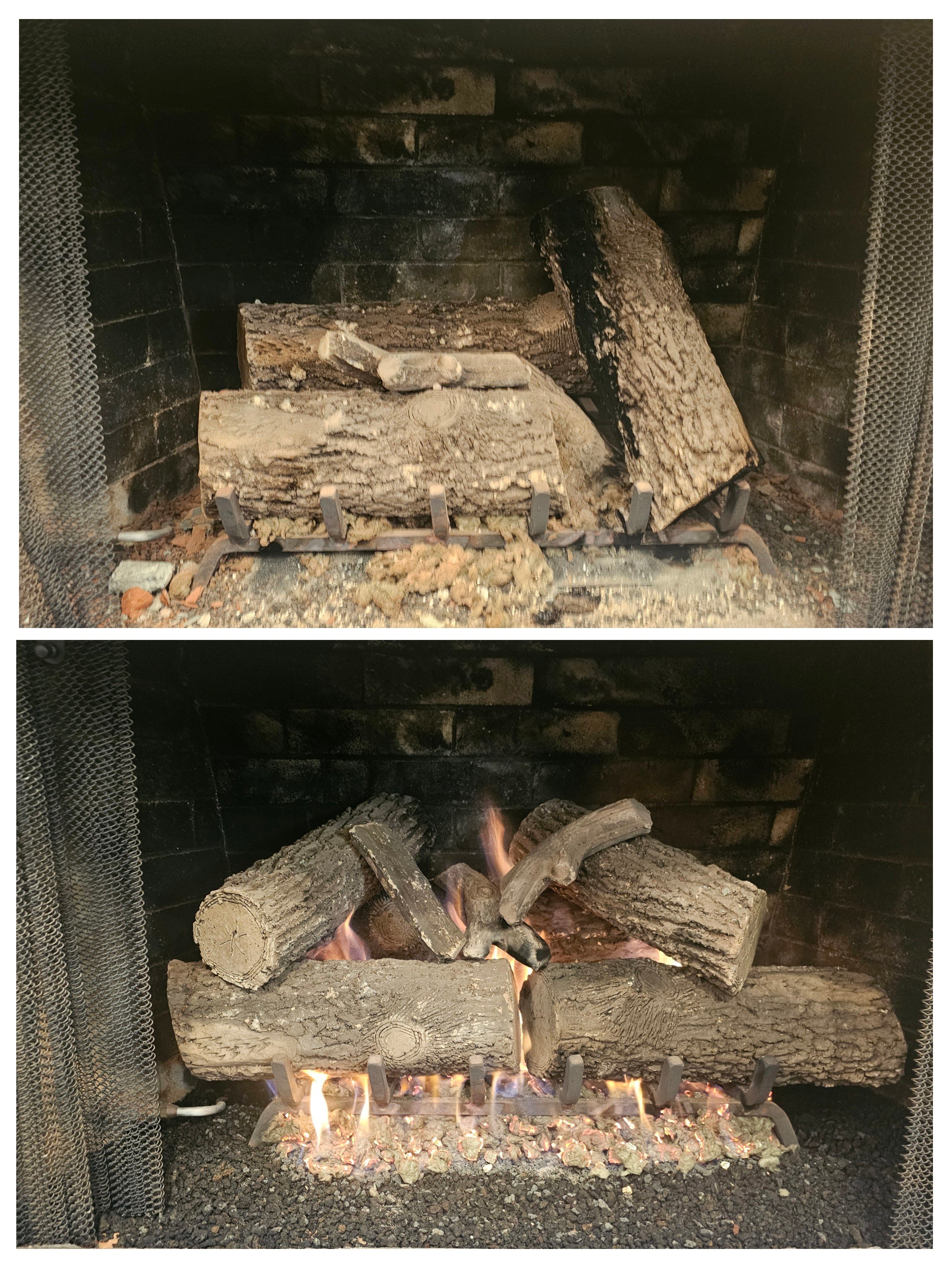 Top image shows logs inside a fireplace, unlit with some ashes and debris in front. Bottom image shows logs burning in the fireplace with flames and glowing embers.