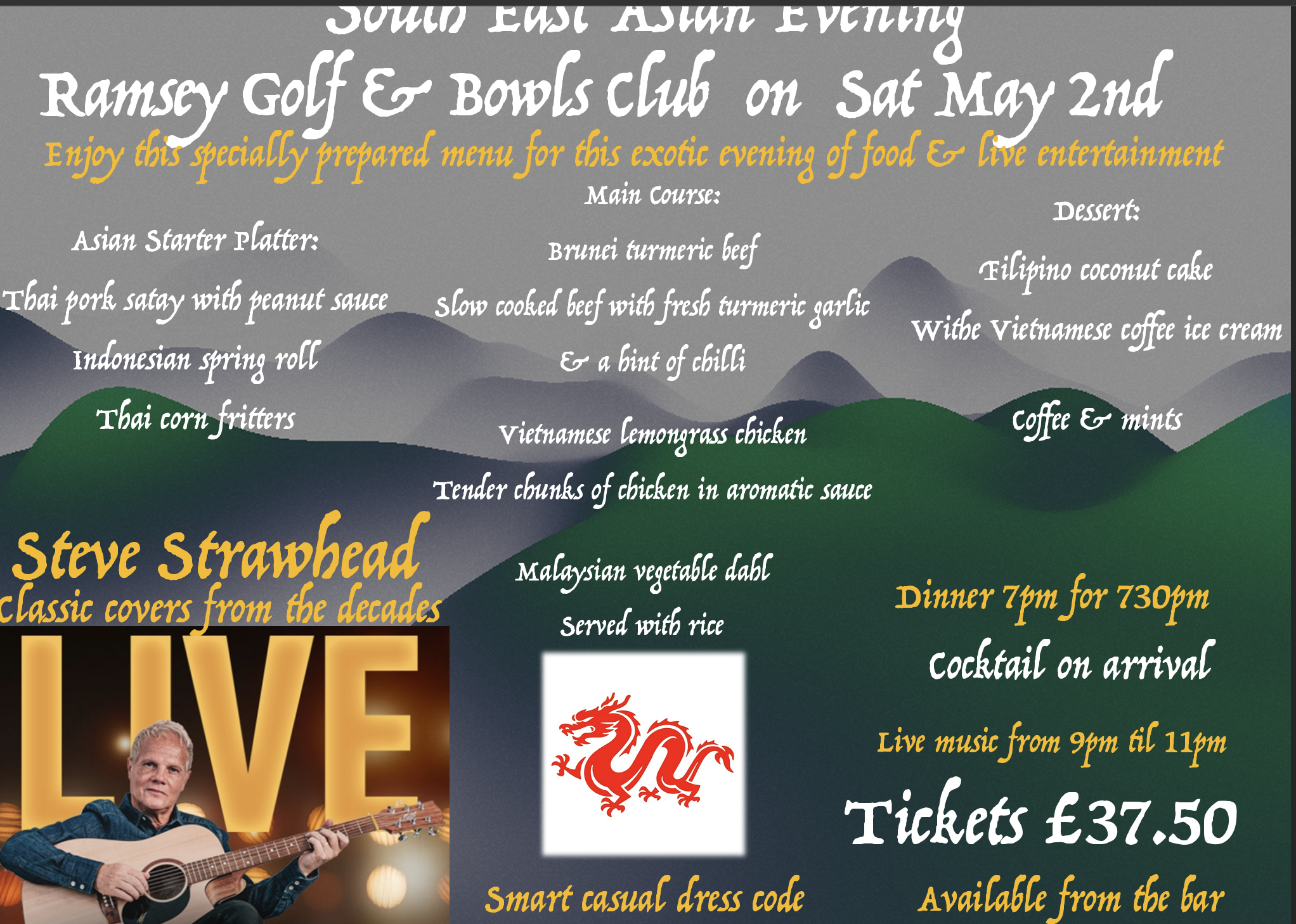 Last few tickets for South East Asian Evening - Sat May 2nd&nbsp;