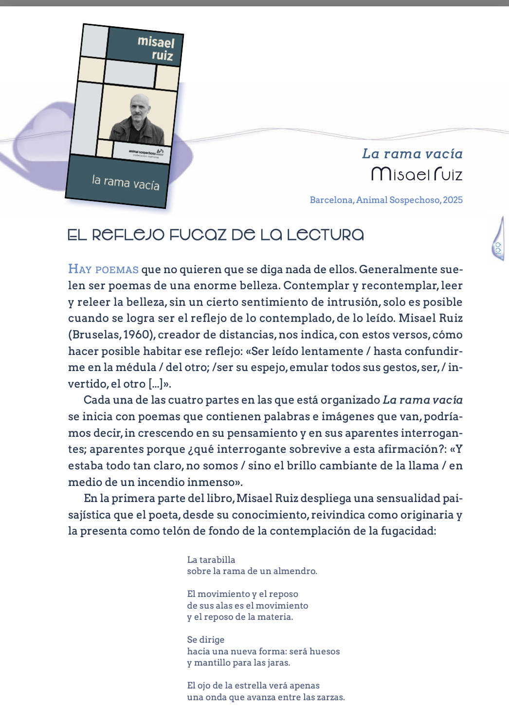 "El reflejo fugaz de la lectura" por Cristina Grisolía  sobre “La rama vacía" (Animal Sospechoso, 2025) de Misael Ruiz para la revista Nayagua (nº40)- Centro de Poesía José Hierro