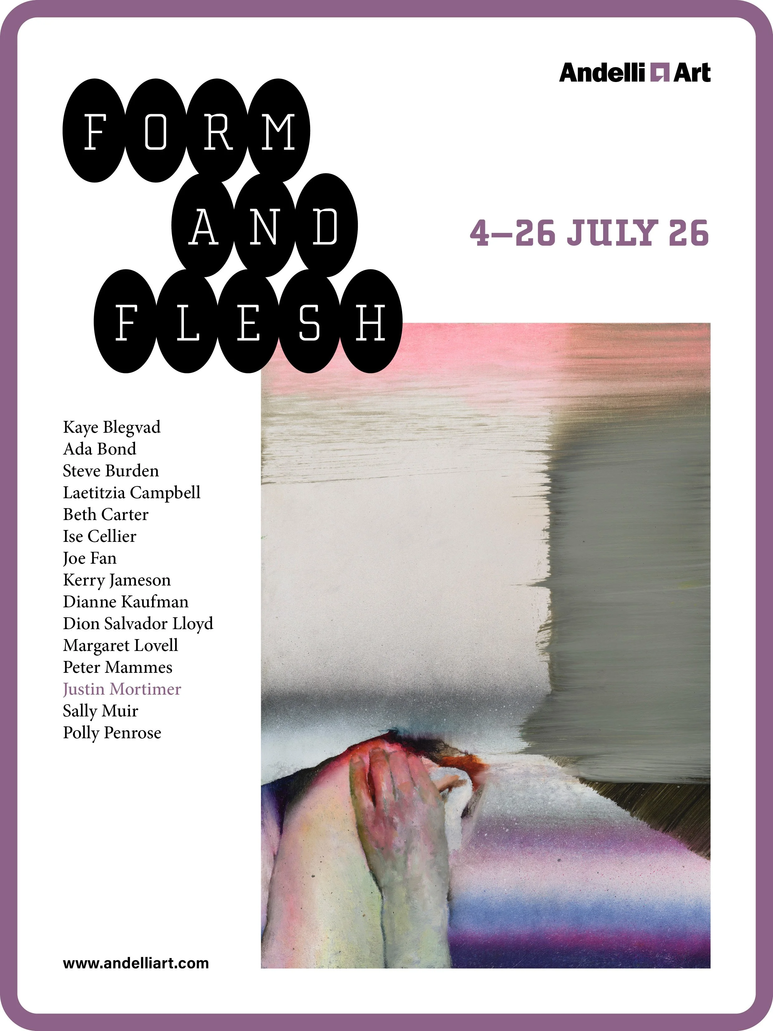 A promotional poster for an art exhibition titled "Form and Flesh" by Polly Penrose. The poster features a photograph of a green curtain with human arms and hands protruding from underneath, holding it up. The event runs from July 4 to July 25, with a group exhibition open Wednesday through Saturday from 10 am to 4 pm, and a private view on July 3 from 6:30 pm to 8:30 pm, which is open to all.