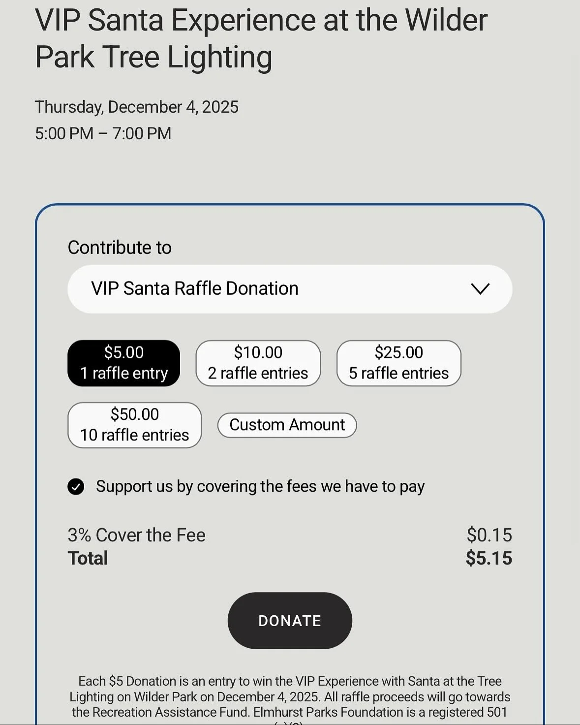 🎅 There are only 3 weeks left to enter our VIP Santa Experience Raffle!

Making a donation is fast, secure, and easy on the ElmhurstParks Foundation website&mdash; we even accept Apple Pay.

Take 60 seconds today to make a difference in your communi