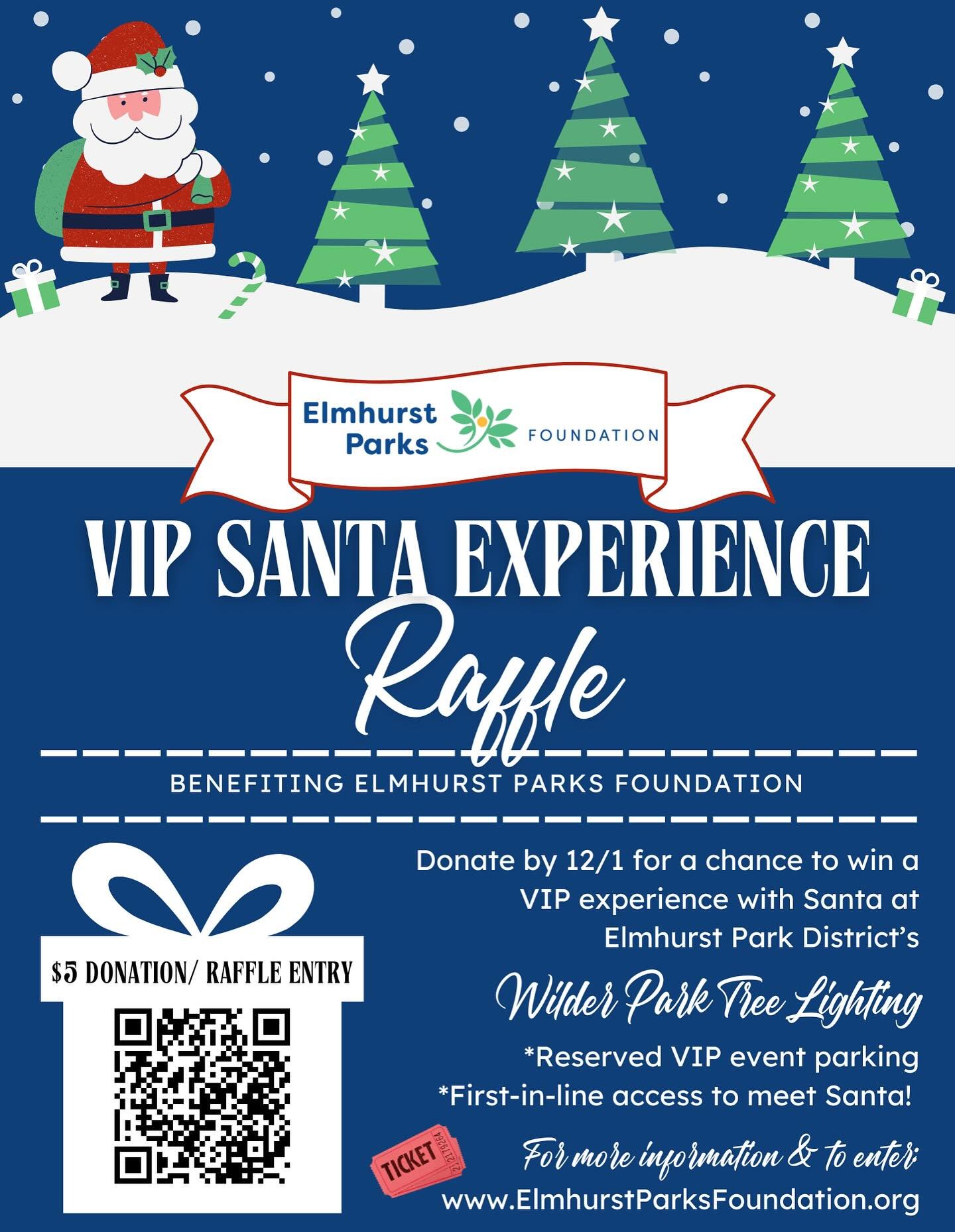 12 days left to enter! Your future self will thank you when you&rsquo;re parking right next to the action and skipping the Santa line. 🎅✨ Each $5 donation is a chance to win and all proceeds benefit special projects of the Elmhurst Parks Foundation.