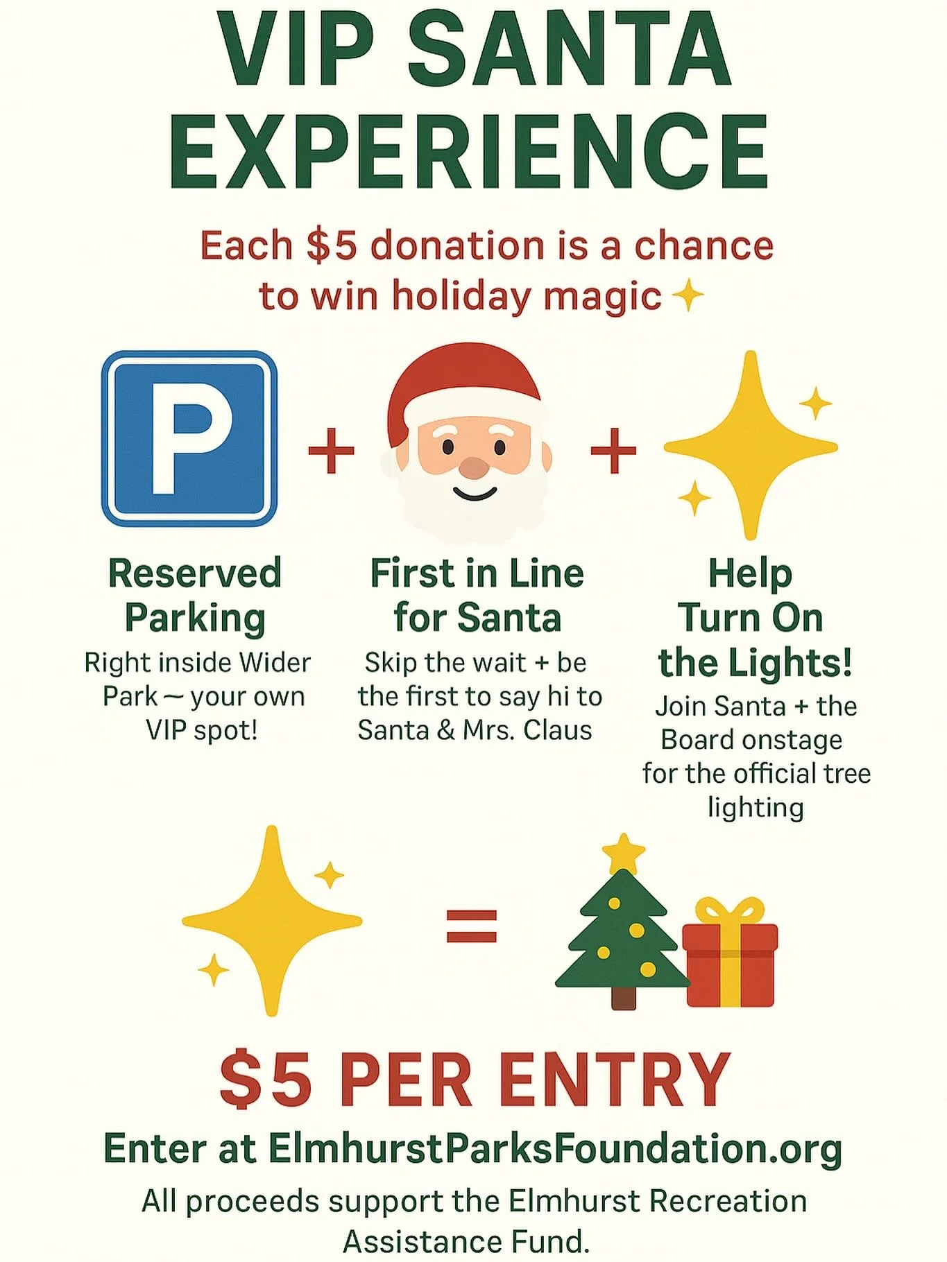 🎅✨ Looking for a little holiday magic? Each $5 donation enters you for a chance to win all VIP perks at the Wilder Park Tree lighting! Reserved parking, first in line access to meet Santa, and helping to light the trees on stage with Santa and the P