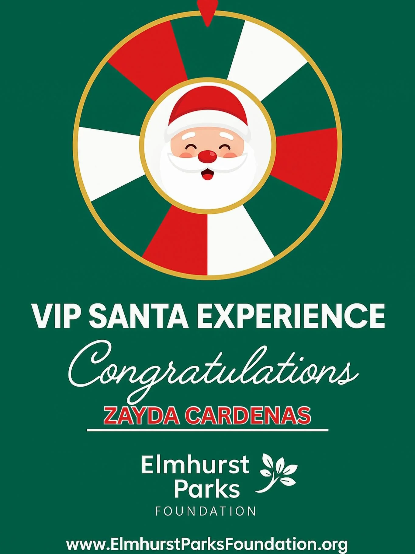 🎅✨ Congratulations, Zayda! ✨🎅

Elmhurst Parks Foundation is thrilled to congratulate Zayda Cardenas, the winner of our 2025 VIP Santa Experience Raffle! Even better&mdash;Zayda was also our very first ticket purchaser, grabbing her entries all the 