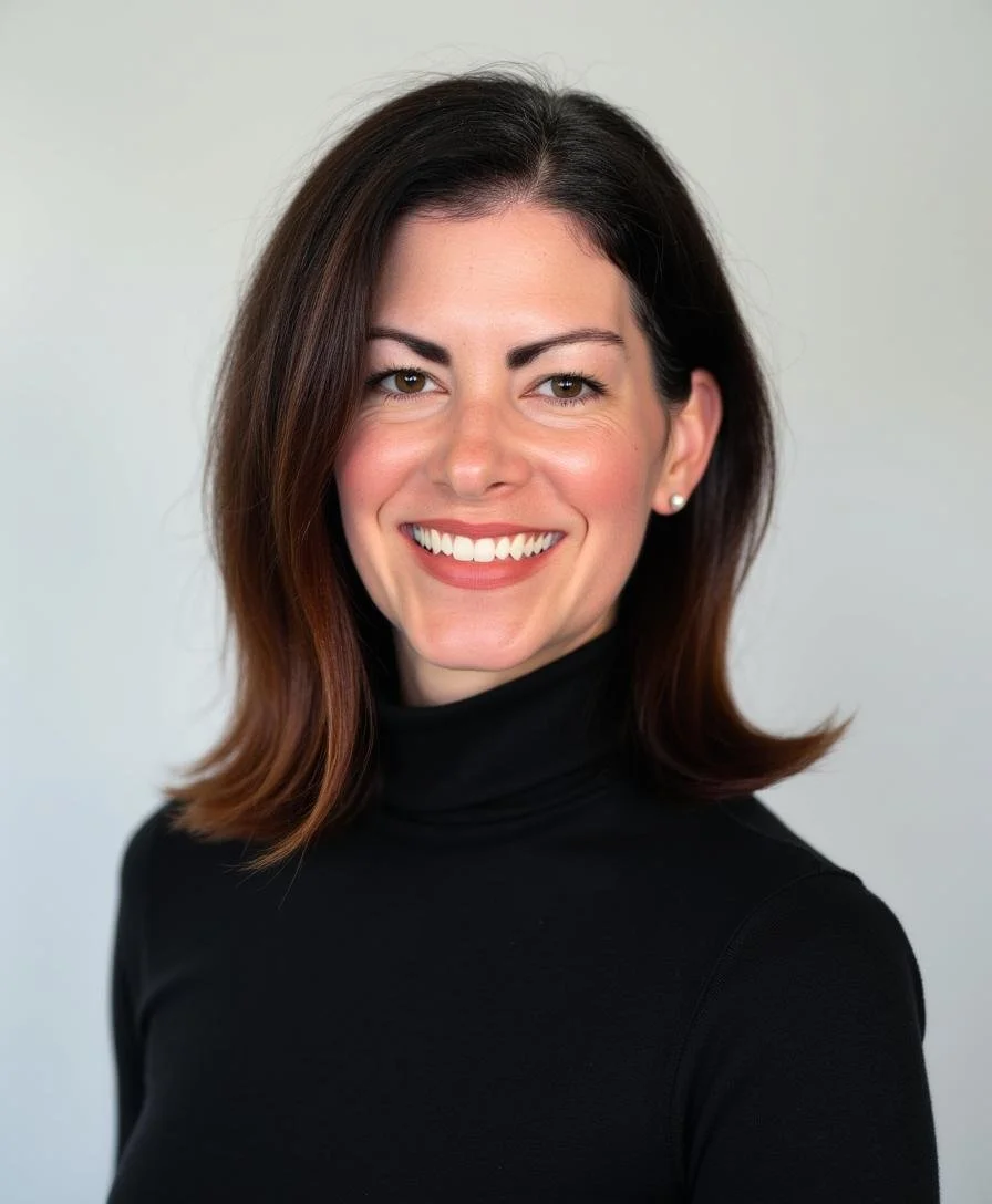 A woman with shoulder-length brown hair, wearing a black turtleneck sweater, smiling at the camera with a plain, light-colored background.