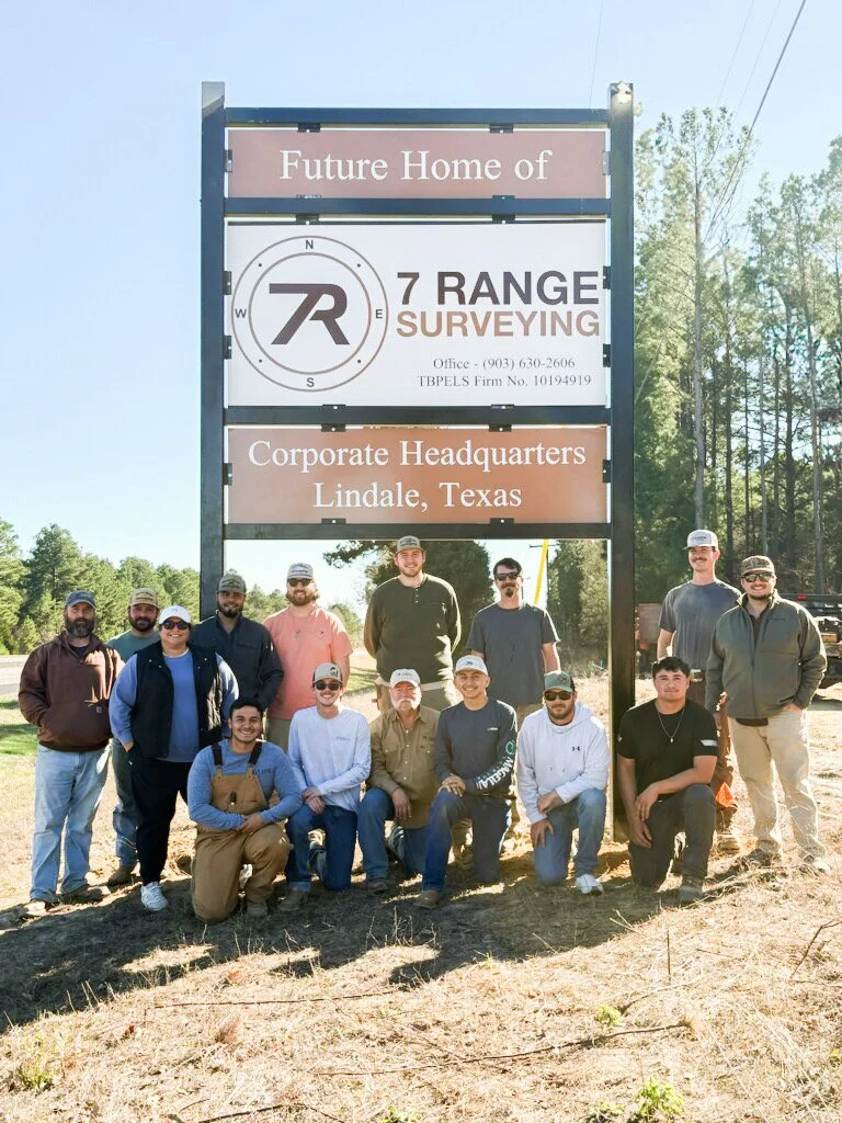 Group of people posing in front of a sign that reads 'Future Home of 7 Range Surveying, Corporate Headquarters Lindale Texas'.