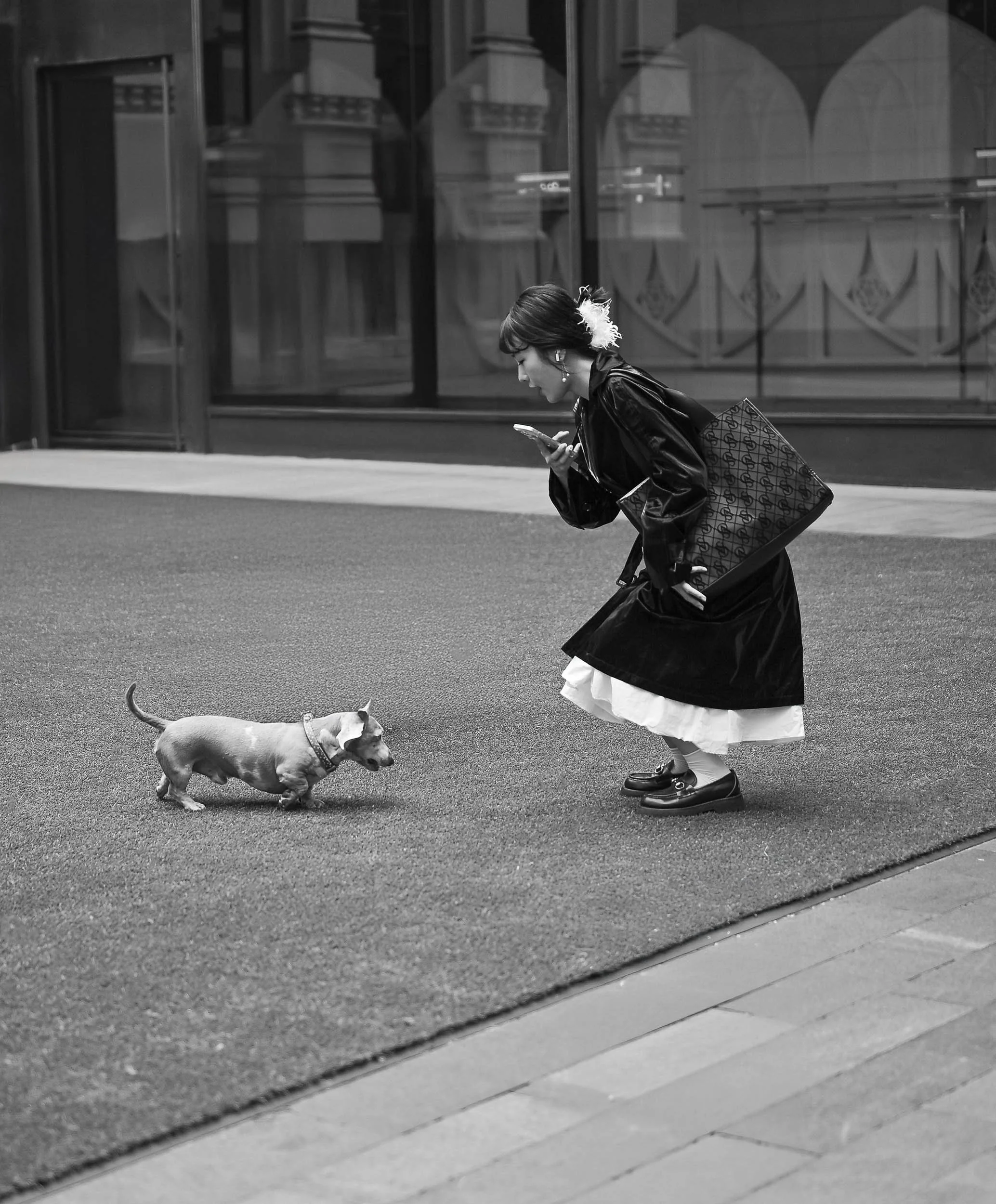 A woman wearing a vintage dress and black shoes is bending down to pet a small dog on the street. She is carrying a patterned handbag and has a flower in her hair. The background shows a large glass building with reflections.