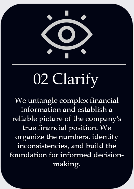 A graphic with an eye icon at the top, and the heading '02 Clarify' followed by text about untangling complex financial information and establishing a reliable financial picture for informed decision-making.
