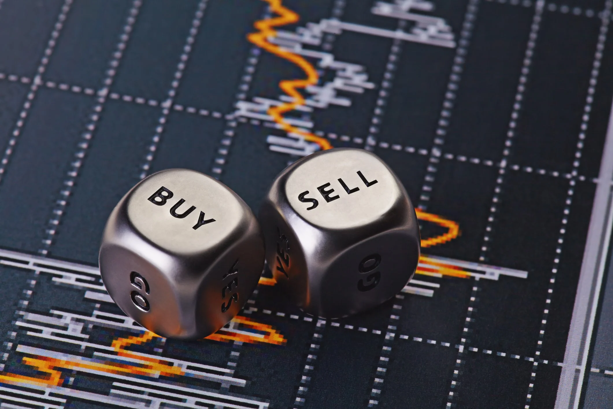 Two metallic dice showing 'BUY' and 'SELL' on their facing sides, placed on a financial chart with fluctuating line graph.