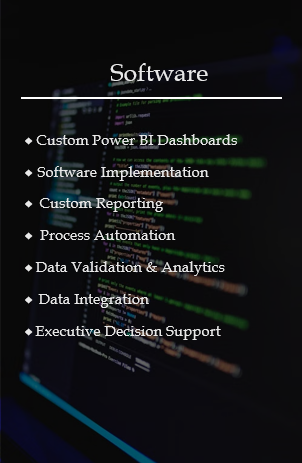 A presentation slide titled 'Software' listing topics including custom Power BI dashboards, software implementation, custom reporting, process automation, data validation & analytics, data integration, and executive decision support.
