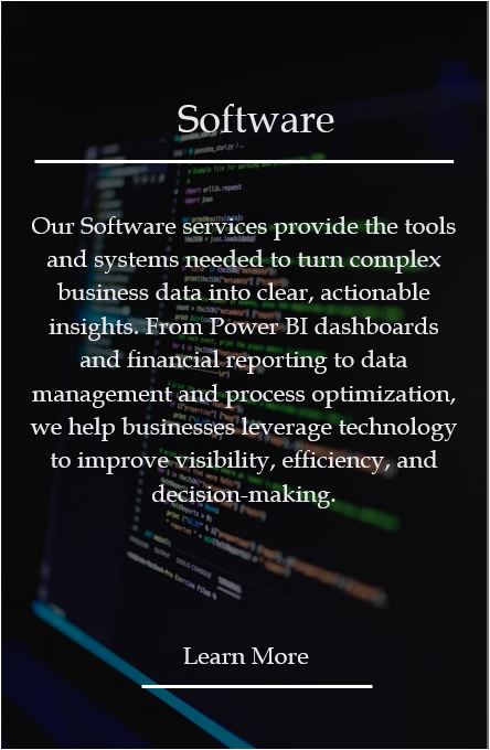 Overlay of business promotional text on a background of computer code on a dark screen, describing software services for data analysis and business intelligence.