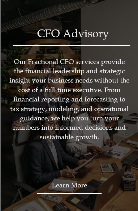 A promotional graphic for CFO advisory services featuring a background photo of people working in an office, with white text overlay detailing services like financial reporting, forecasting, and operational guidance.