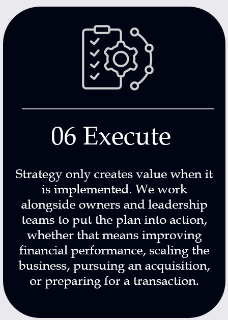 A digital graphic with an icon of a clipboard and gear, and text that reads '06 Execute' followed by a paragraph about strategy implementation and working with owners and leadership teams.