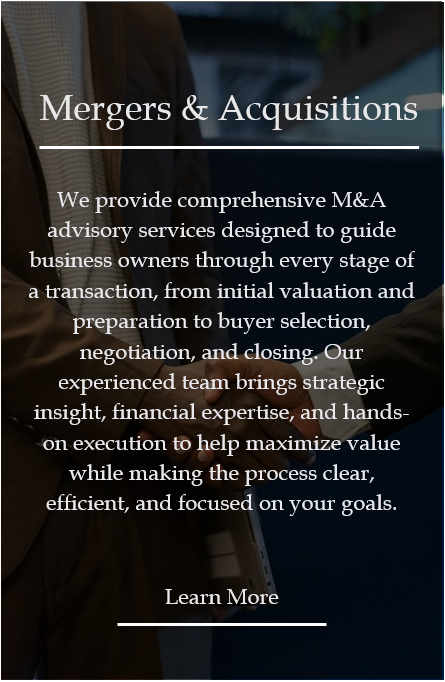 Business professional standing outdoors with trees in background, holding tablet, overlaid with text about mergers and acquisitions advisory services.