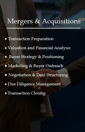 Close-up of a digital screen displaying 'Mergers & Acquisitions' with a list of related services including transaction preparation, valuation and financial analysis, buyer strategy and positioning, marketing and buyer outreach, negotiation and deal structuring, due diligence management, and transaction closing.