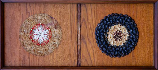 As One/ 
Pistachio shells, tea, metal wire, brass, thread, and lace on wood/
12x24x3/
2014