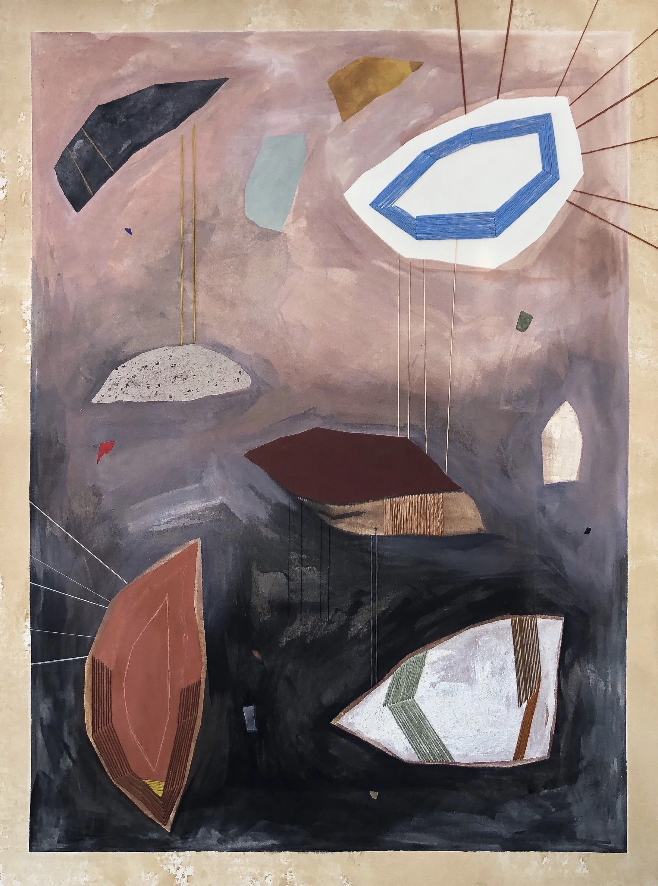 Maybe I Could Change It/ Mixed media with earthen pigments, soil, thread, and hair on canvas/ 48x36x2/ 2022