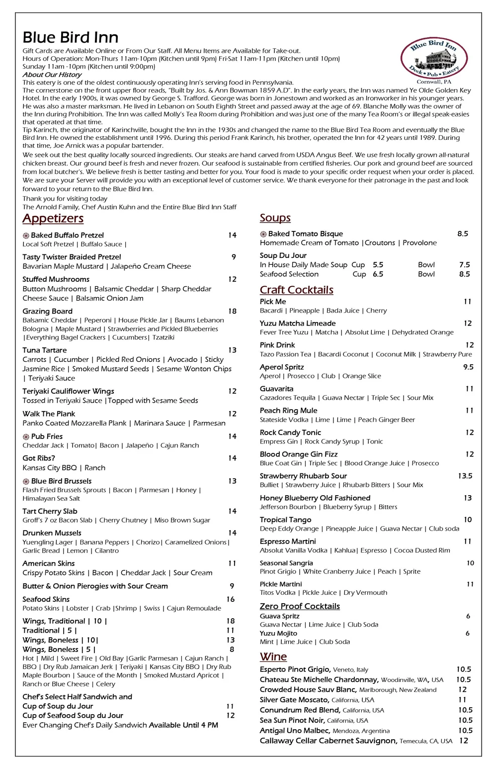 Full Menu | Discover Flavors & Dine In Today — Blue Bird Inn