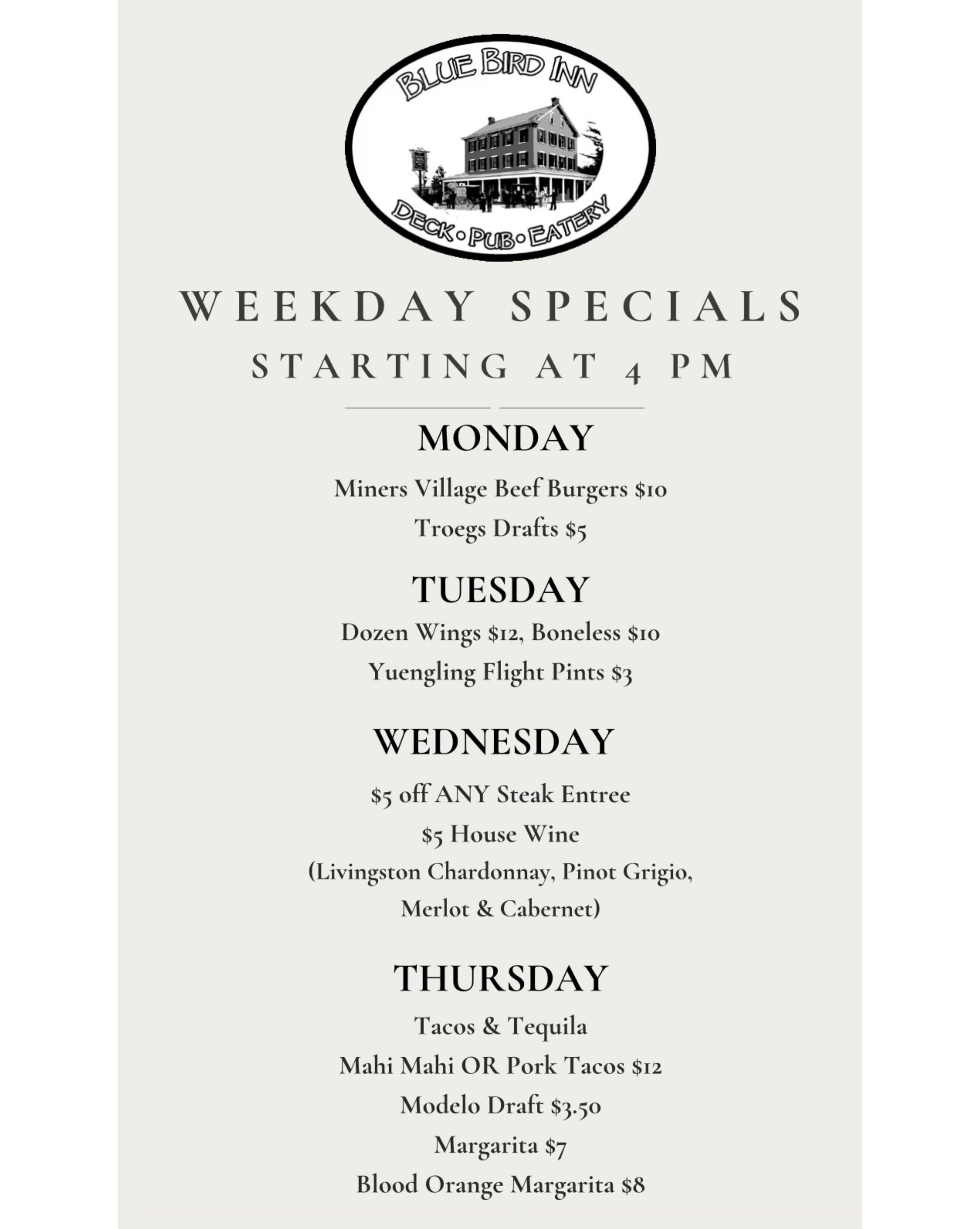 Daily Specials | Explore Daily Deals — Dine with Us Today — Blue Bird Inn