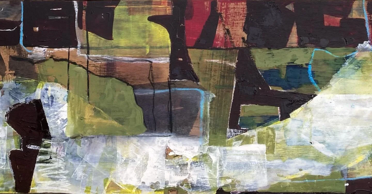 Panorama. This painting started life as one squarish piece and is now three shallow, wide landscapes. I can only fit them into a phone in cut down form. Going to need a very long wall to show them together.