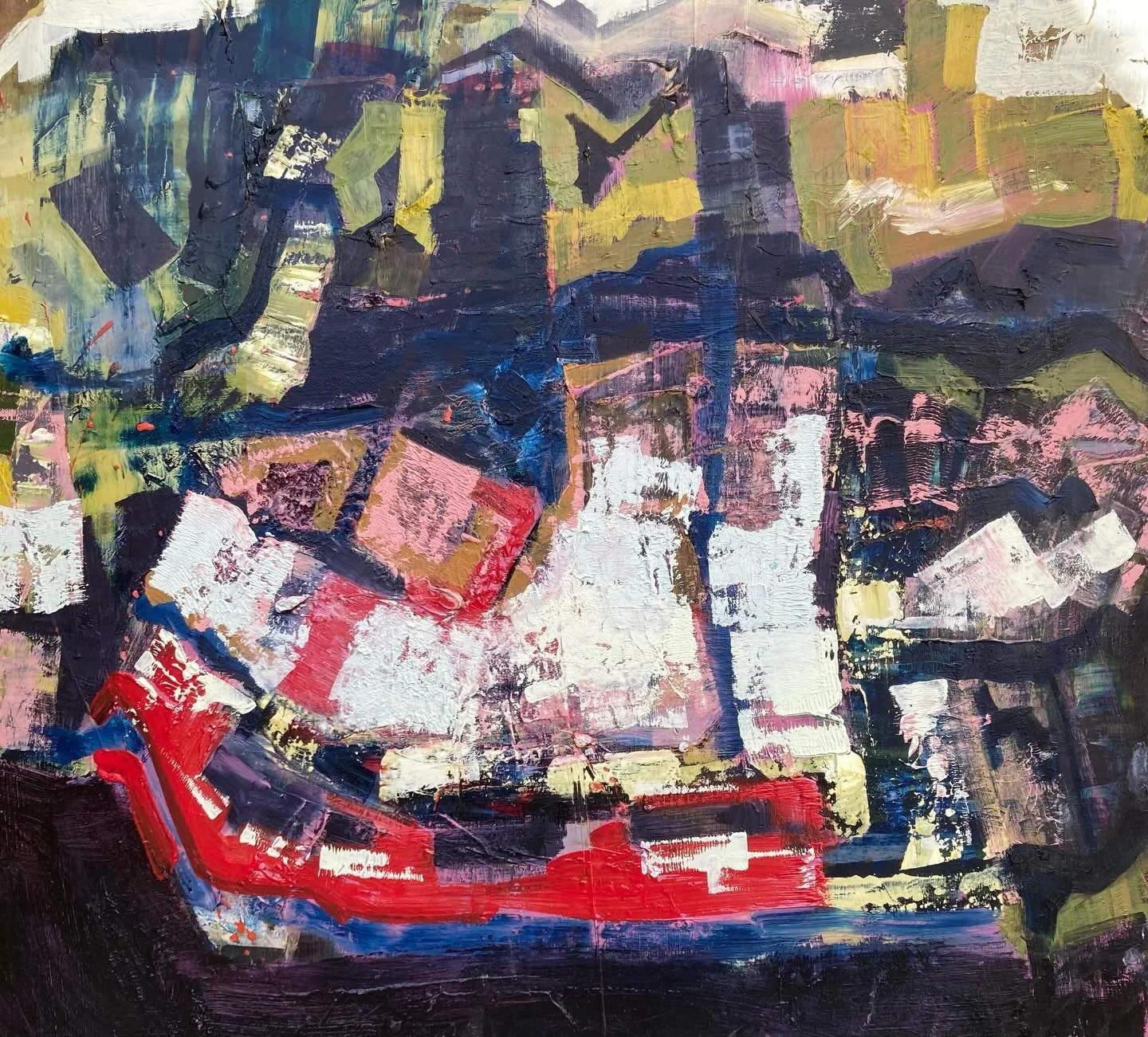 Port. Perspective is up for grabs. Oil on a rather wonky piece of under flooring from the pub across the road.