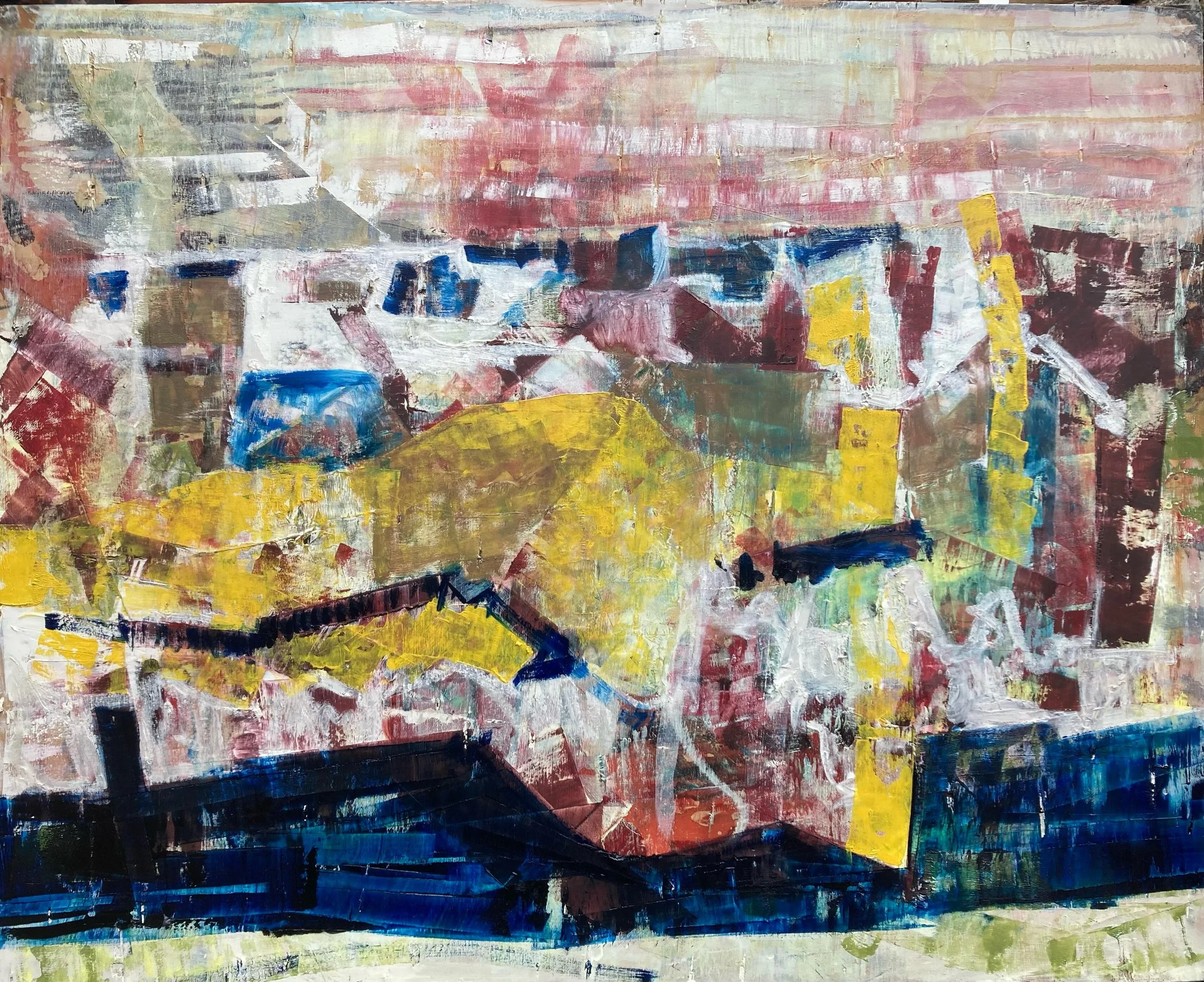 &lsquo;Heading for a swim&rsquo;. I have to climb up and over the bog behind my house and then down to the lake. At the moment the bog is full of new spring flowers. Well worth the climb. This painting is 95x120cm.